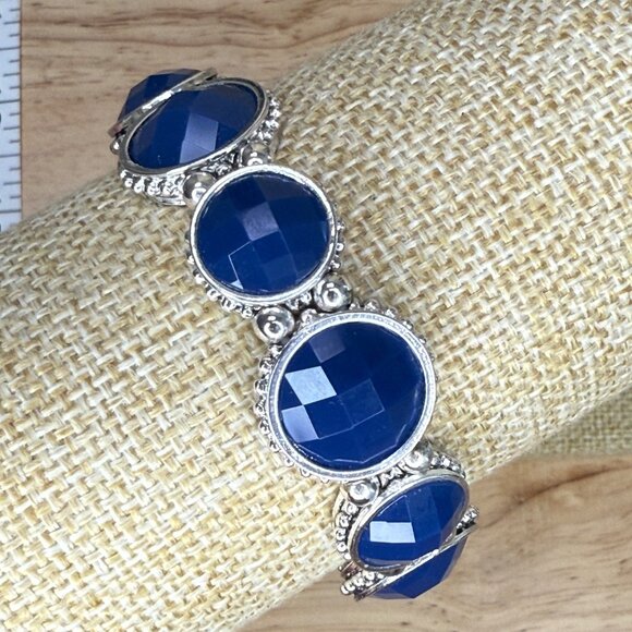 Napier Silver-Tone Stretch Bracelet With Faceted Blue Cabochon Accents - Picture 3 of 9